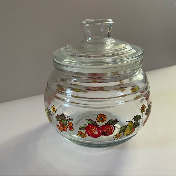 VTG Glass Jar Cottage Indonesia Clear Fruit Print Kitchen Home Decor Lid Storage - Picture 1 of 4